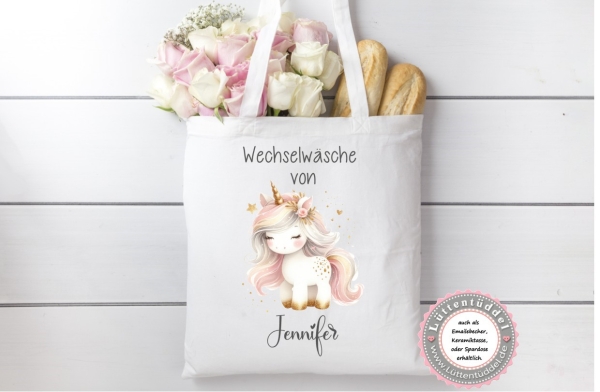 süße Tasche Einhorn Wechselwäsche Wechselkleidung (personalisiert) für Kindergarten  Wunschname KITA Kindergarten Einschulung Lüttentüddel®